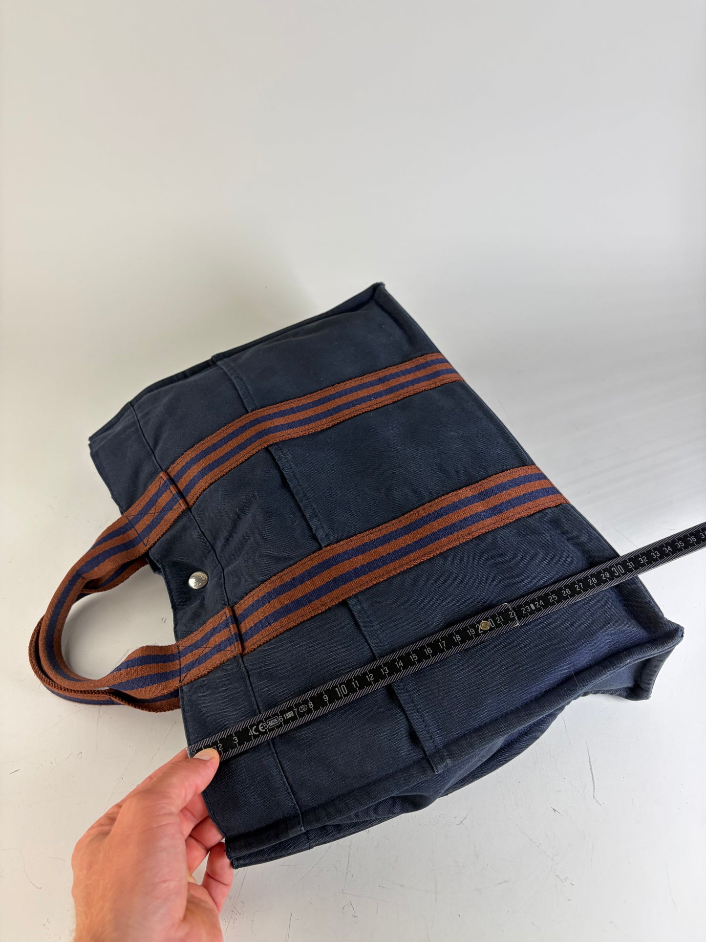 Vintage Hermes Cotton Tote Navy Rust Silver