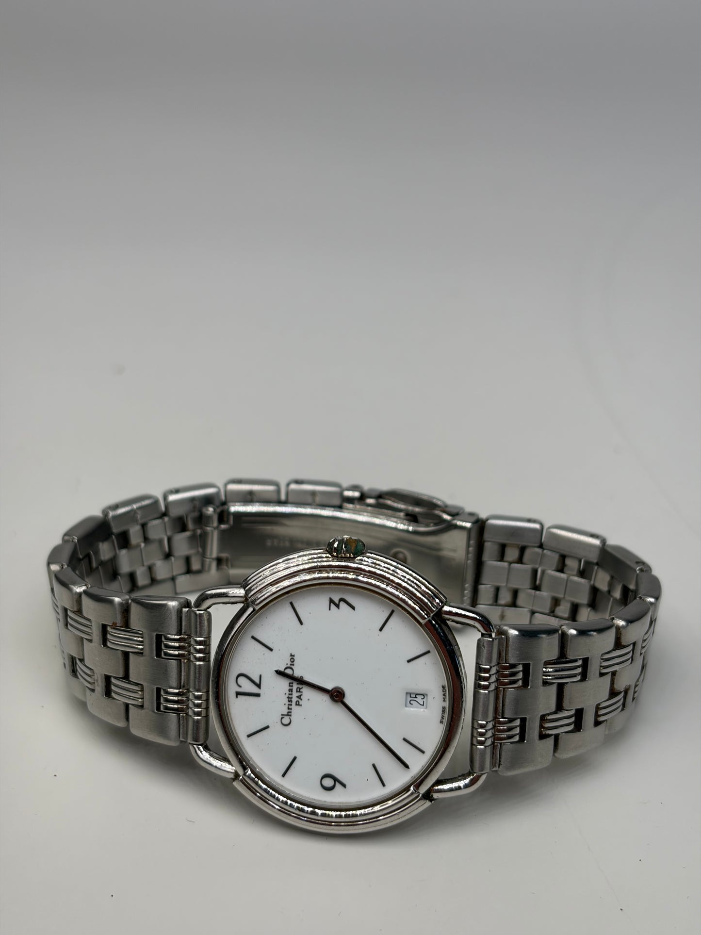 Vintage Dior Stainless Steel Bracelet Watch White Silver