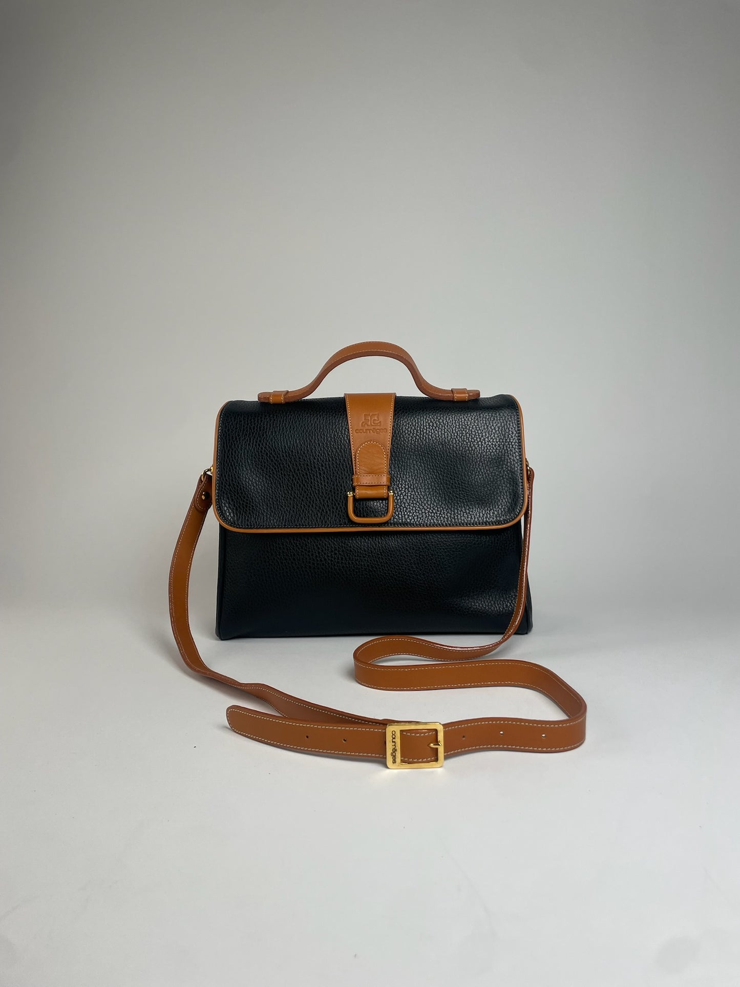 Vintage Courreges 2Way Leather Handbag Black Brown