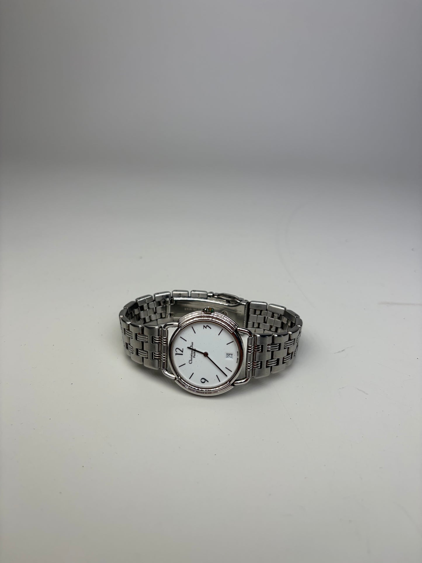 Vintage Dior Stainless Steel Bracelet Watch White Silver