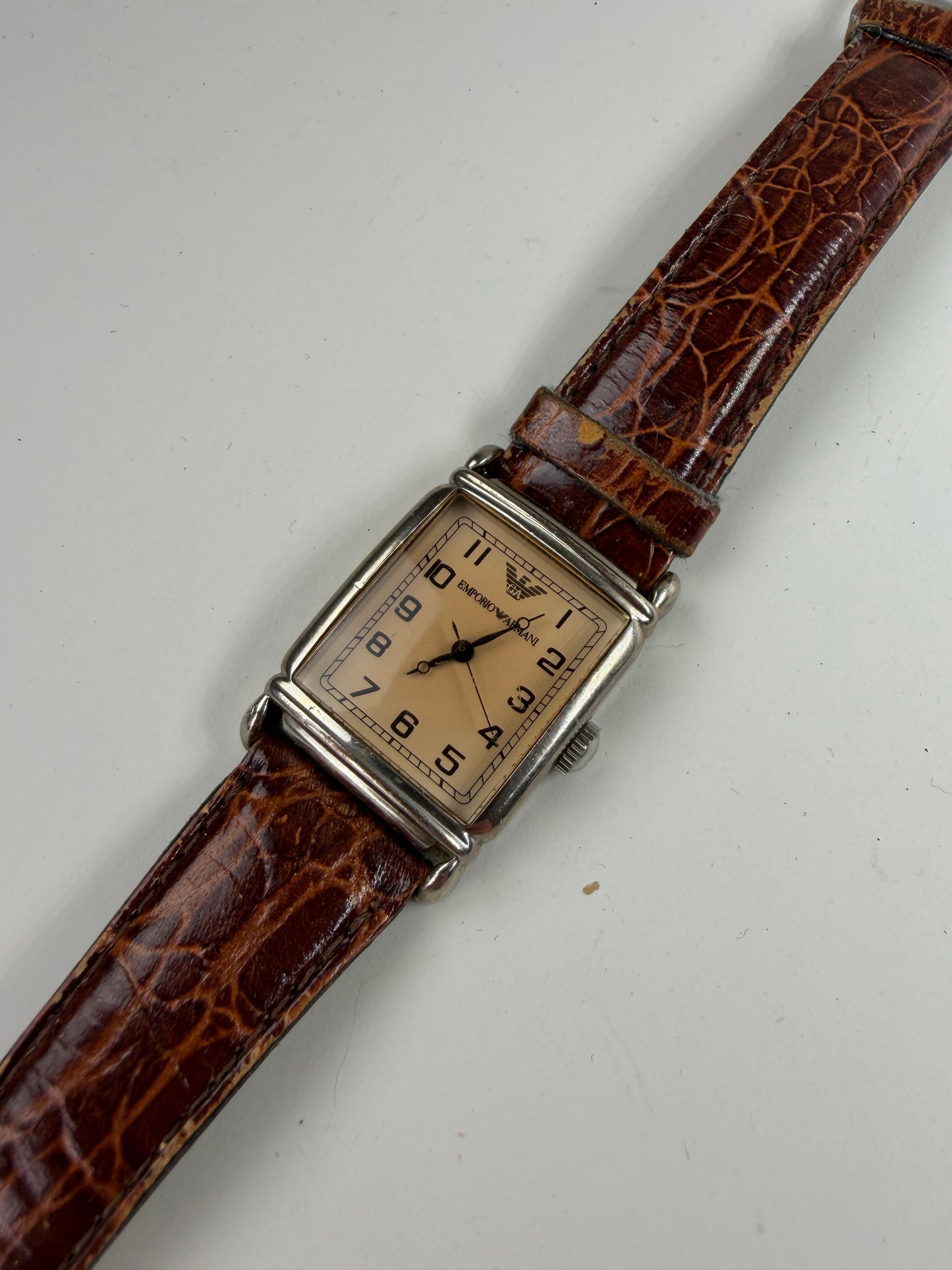 Vintage Emporio Armani Crocodile-Embossed Leather Watch Cream Brown