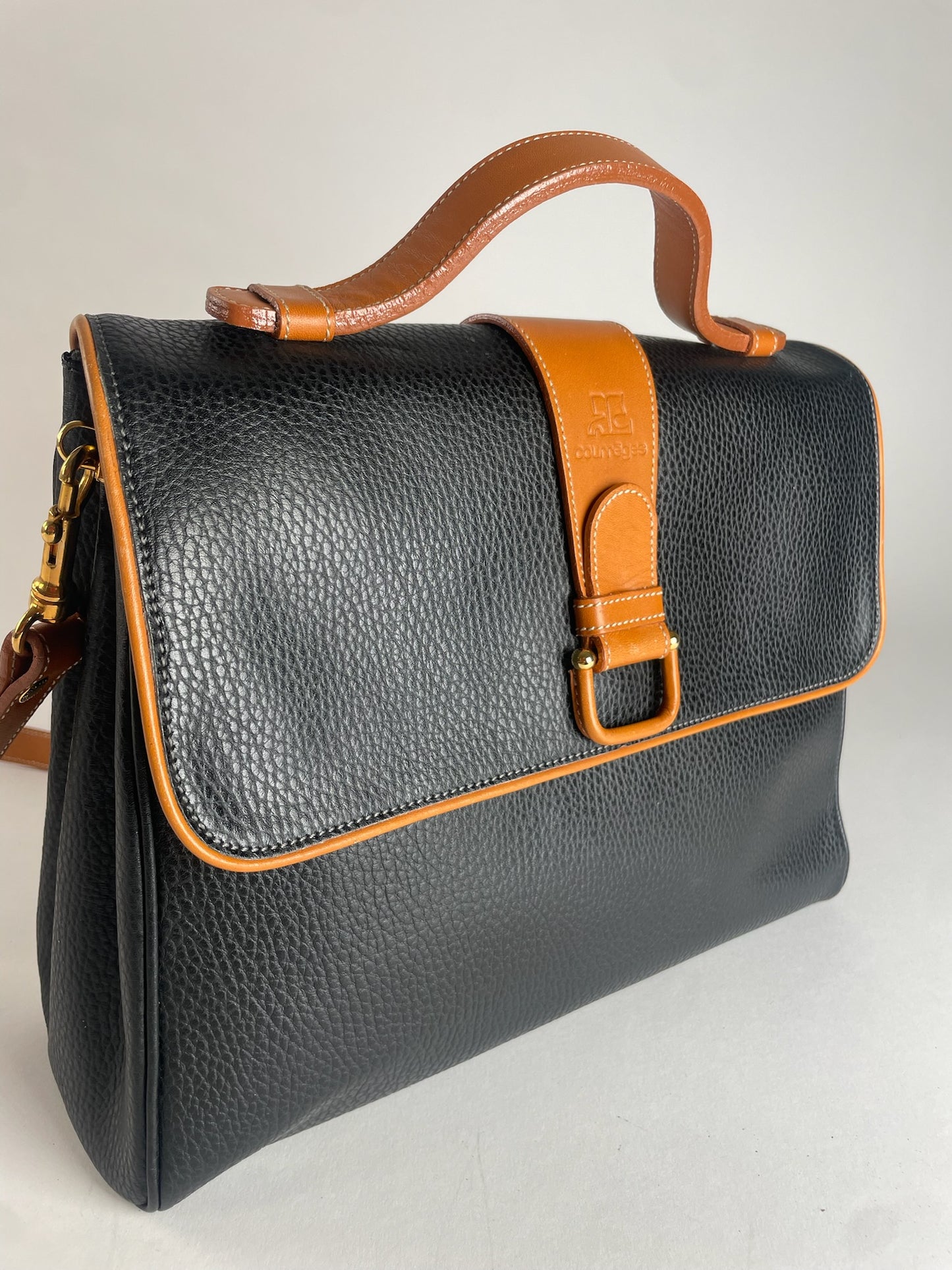 Vintage Courreges 2Way Leather Handbag Black Brown