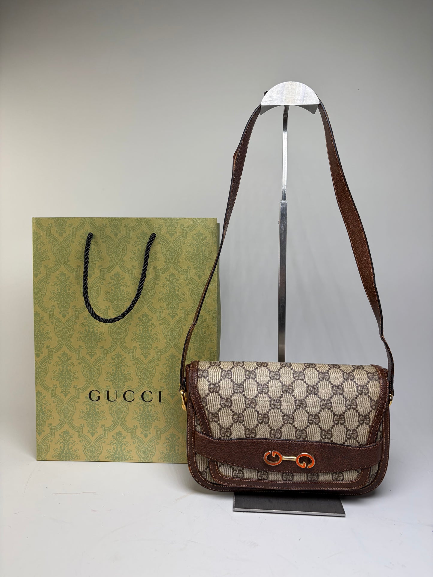 Vintage Gucci GG Monogram Horsebit Crossbody Bag Beige Brown
