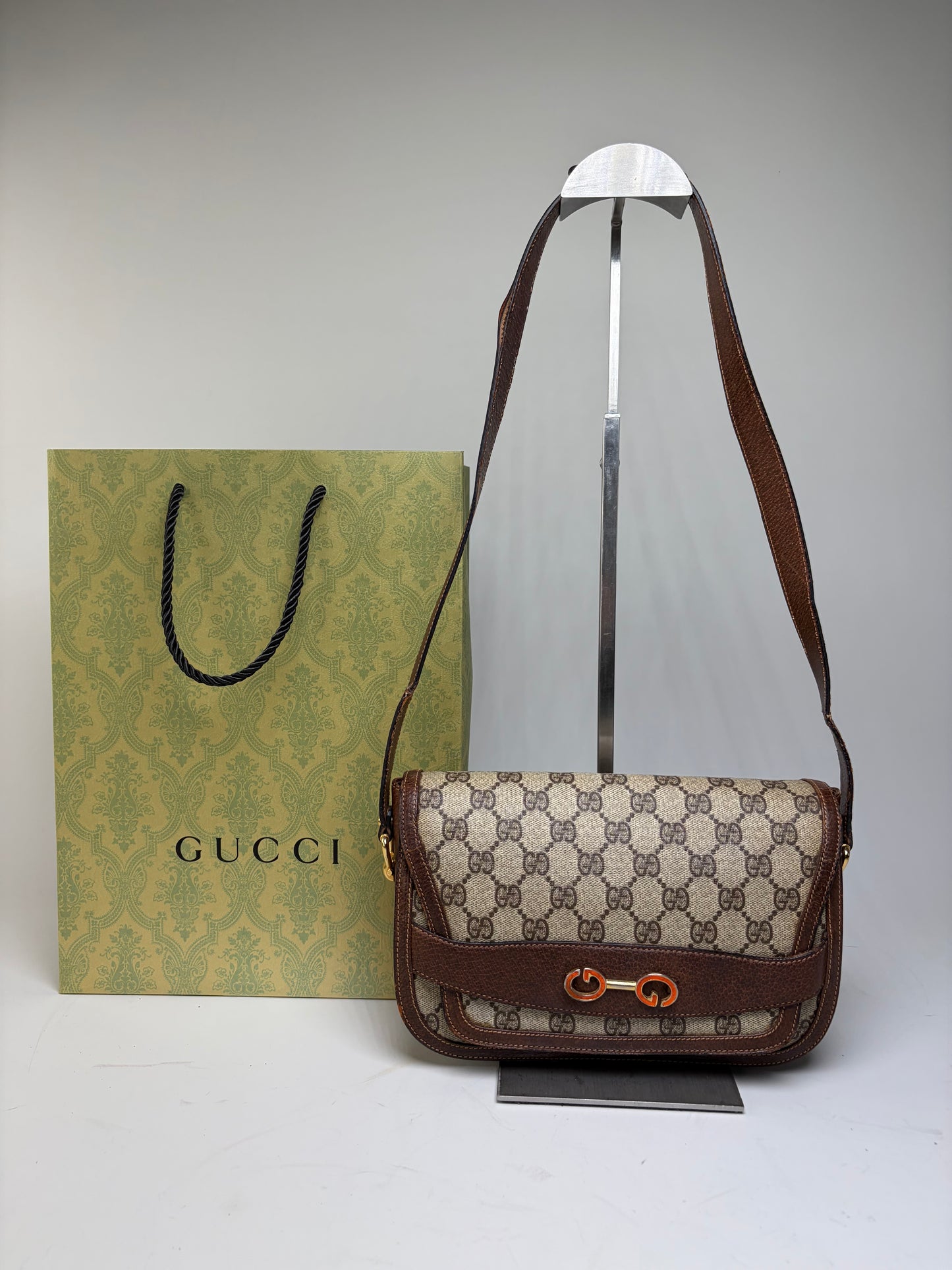 Vintage Gucci GG Monogram Horsebit Crossbody Bag Beige Brown