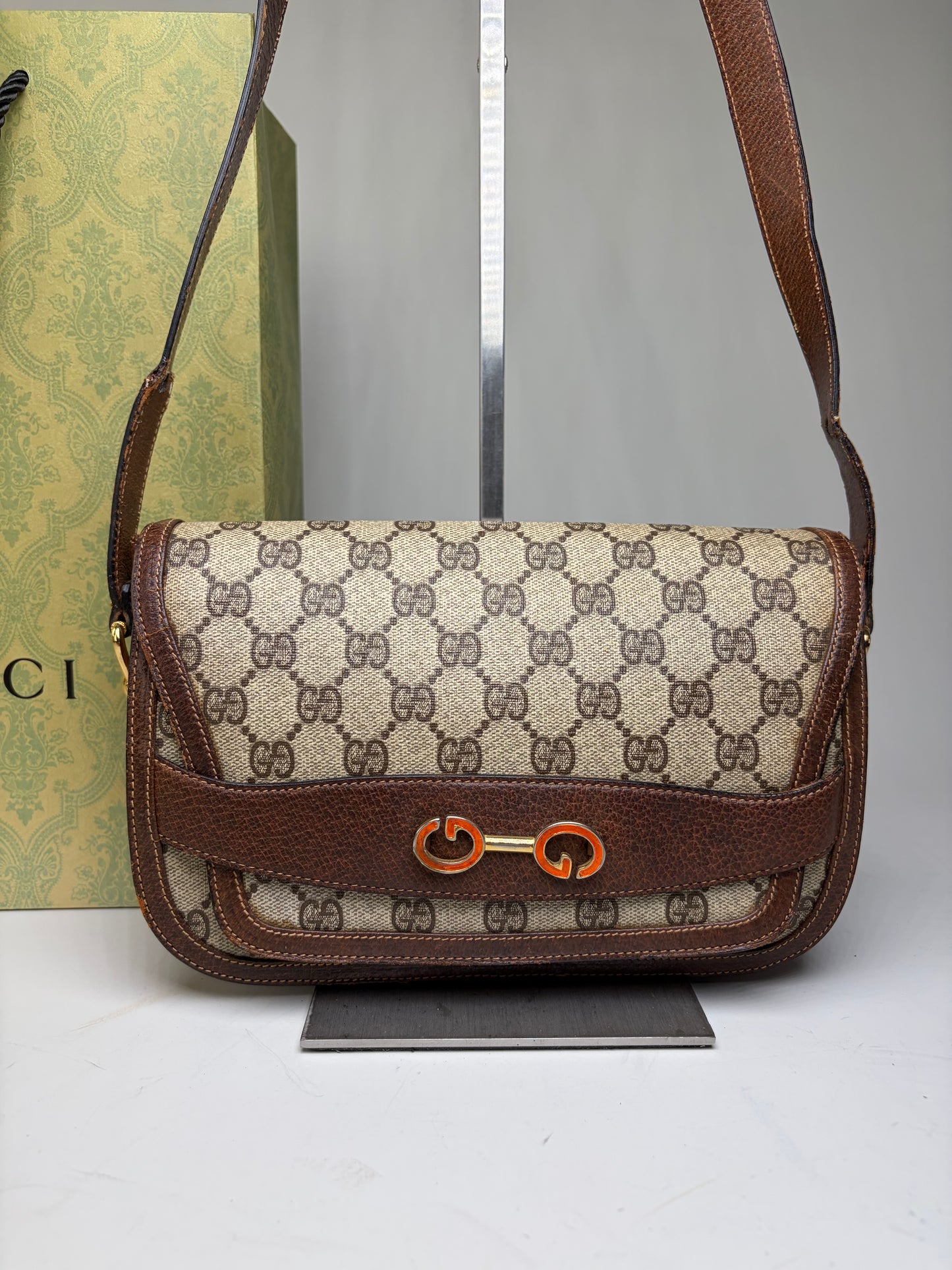 Vintage Gucci GG Monogram Horsebit Crossbody Bag Beige Brown