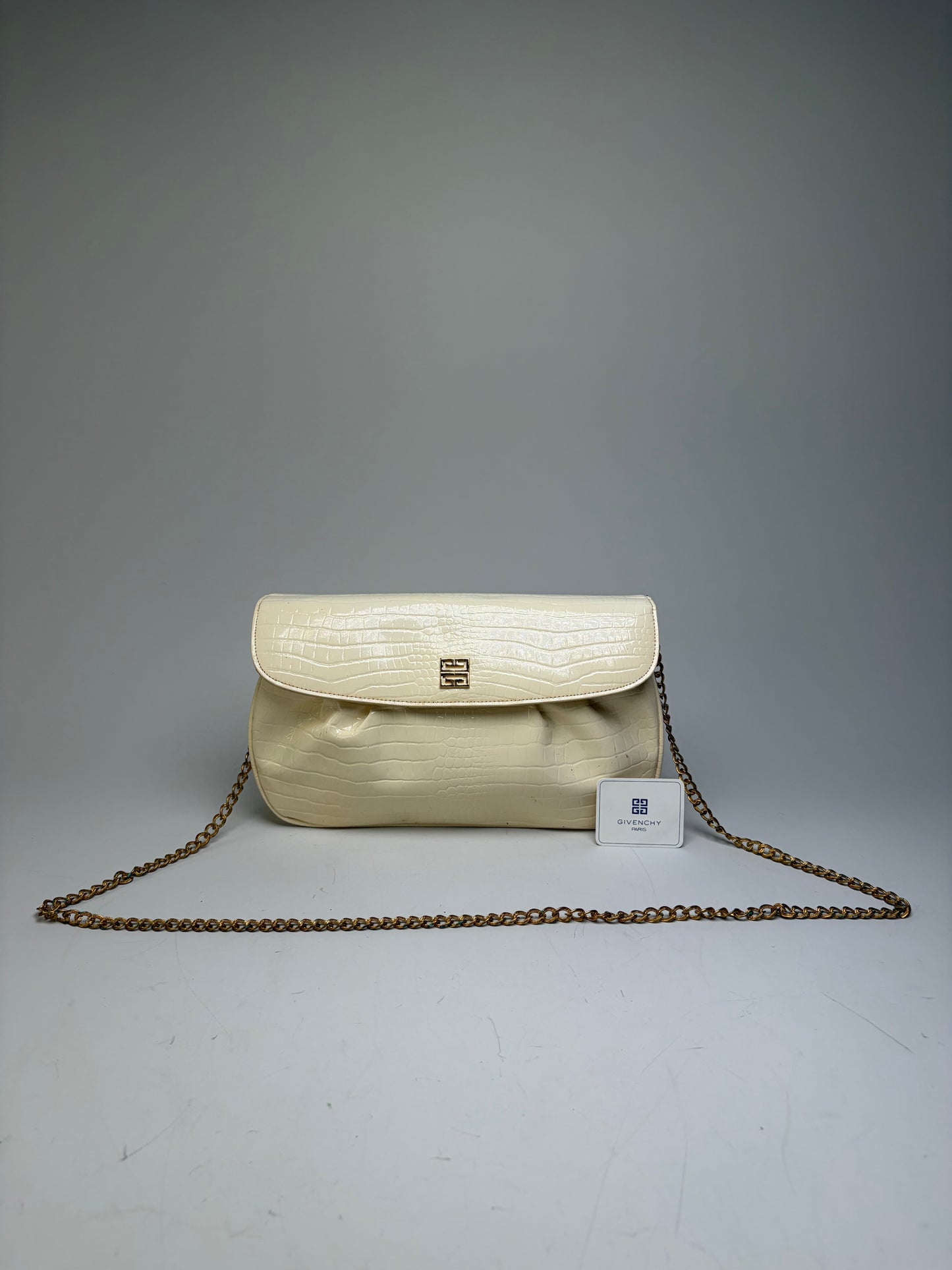Vintage Givenchy Crocodile-Embossed Leather Clutch Ivory Gold