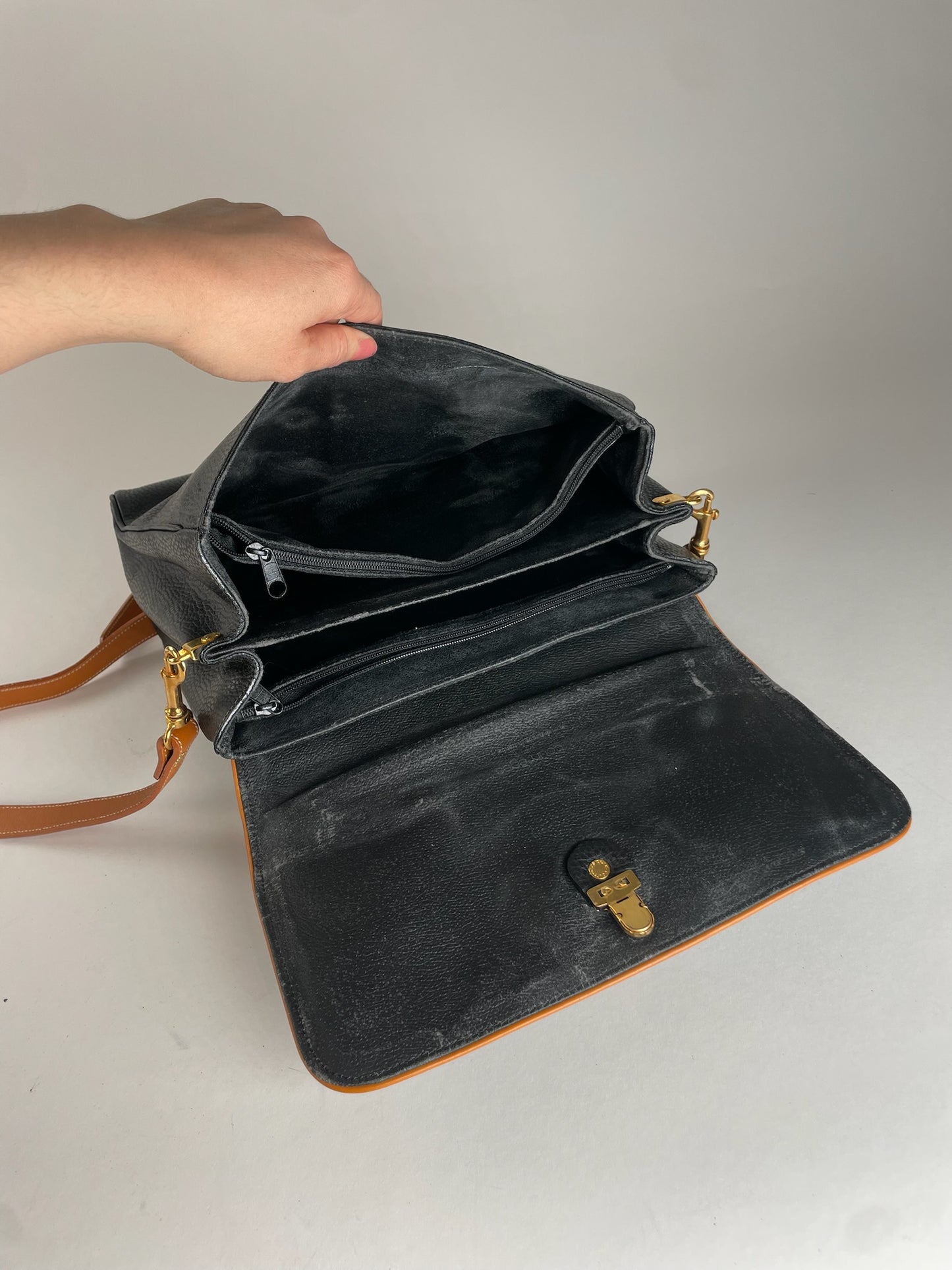 Vintage Courreges 2Way Leather Handbag Black Brown