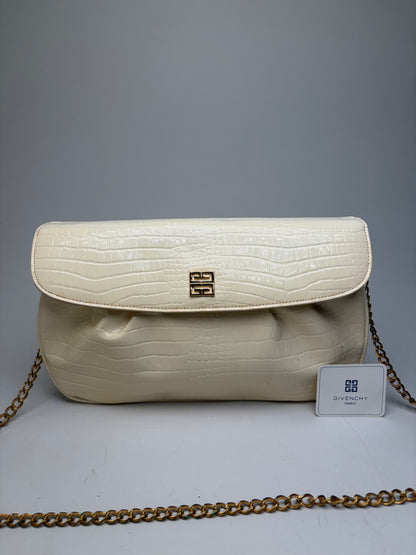 Vintage Givenchy Crocodile-Embossed Leather Clutch Ivory Gold