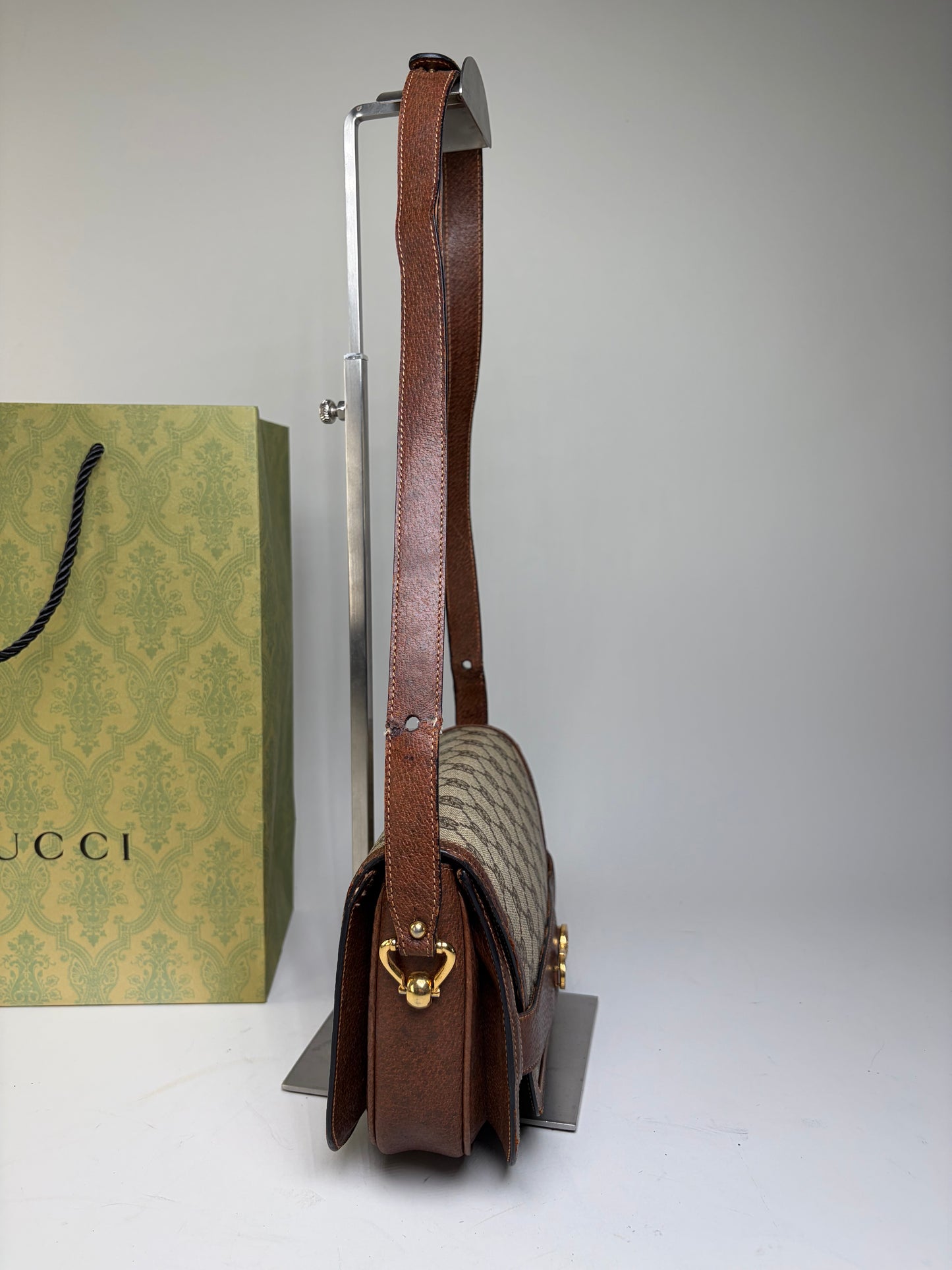 Vintage Gucci GG Monogram Horsebit Crossbody Bag Beige Brown