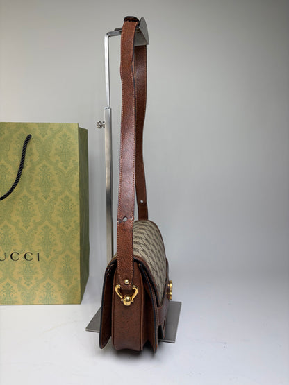 Vintage Gucci GG Monogram Horsebit Crossbody Bag Beige Brown