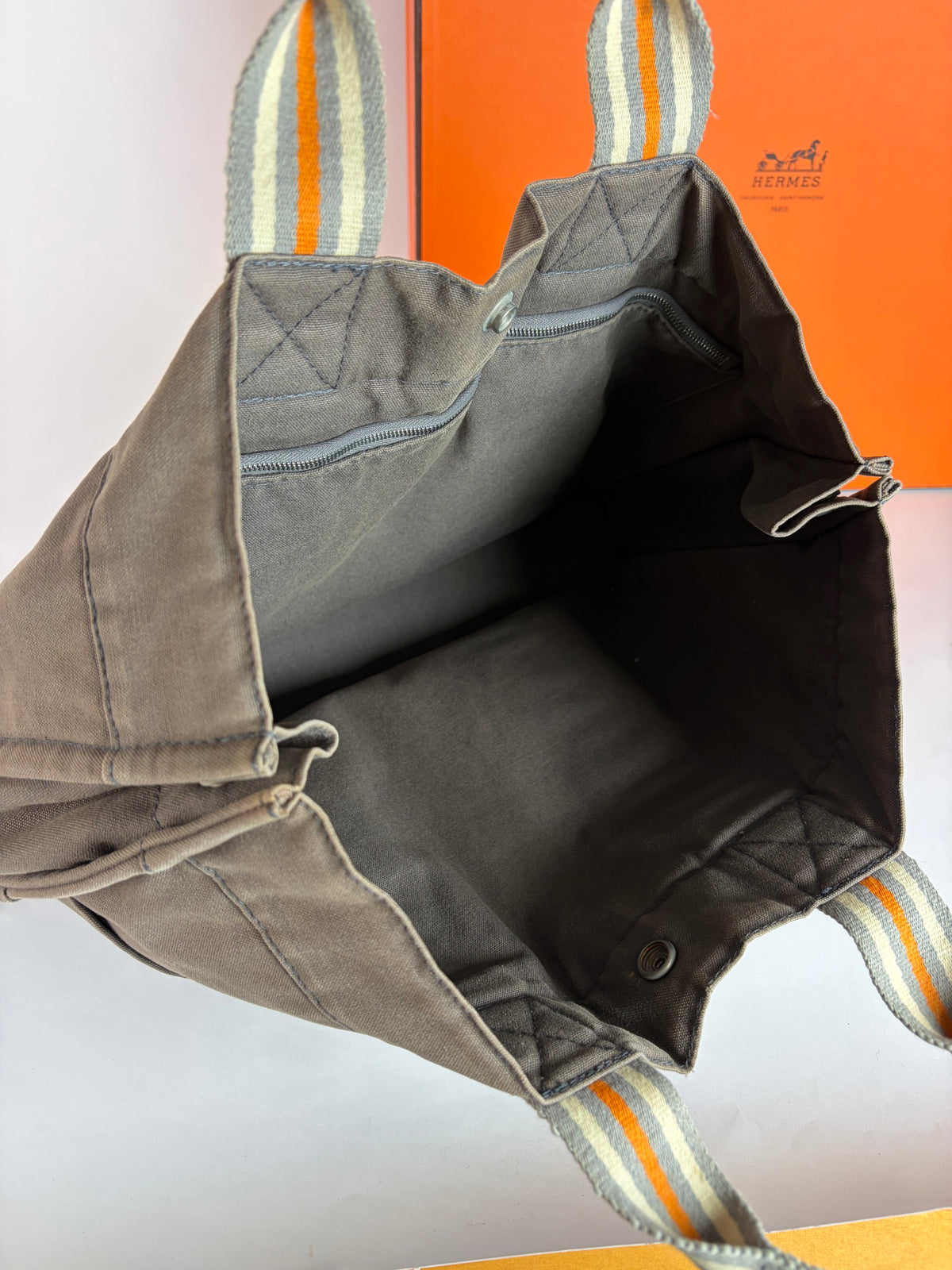 Vintage Hermès Troca Canvas Tote Late 1990s Dark Grey Orange