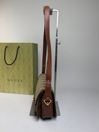 Vintage Gucci GG Monogram Horsebit Crossbody Bag Beige Brown