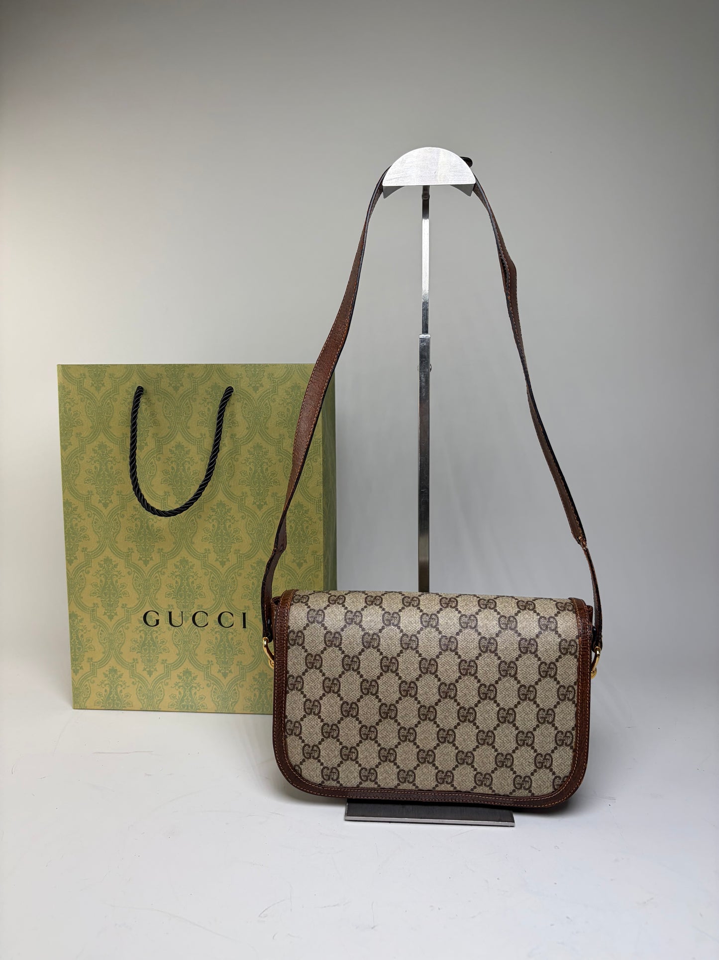 Vintage Gucci GG Monogram Horsebit Crossbody Bag Beige Brown