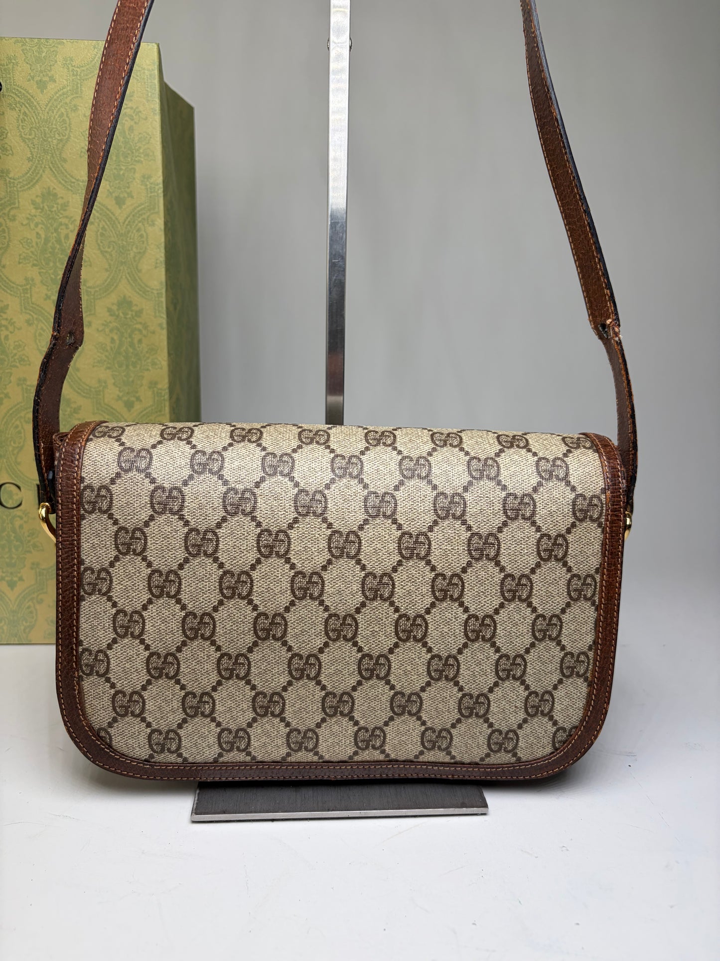 Vintage Gucci GG Monogram Horsebit Crossbody Bag Beige Brown