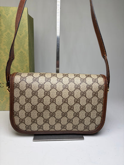 Vintage Gucci GG Monogram Horsebit Crossbody Bag Beige Brown