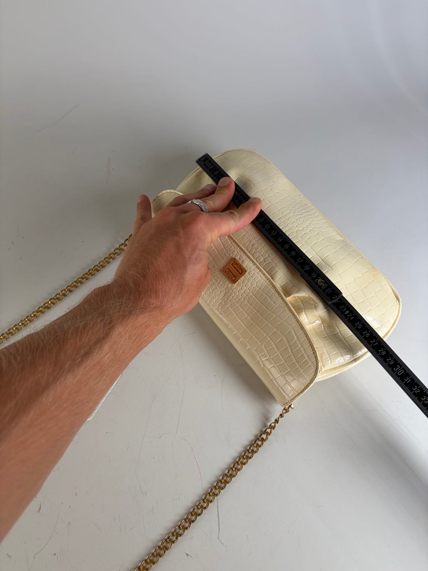 Vintage Givenchy Crocodile-Embossed Leather Clutch Ivory Gold