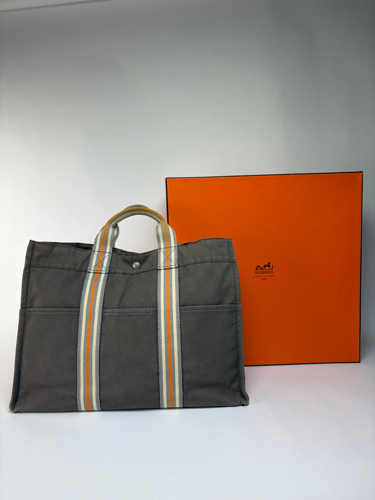Vintage Hermès Troca Canvas Tote Late 1990s Dark Grey Orange