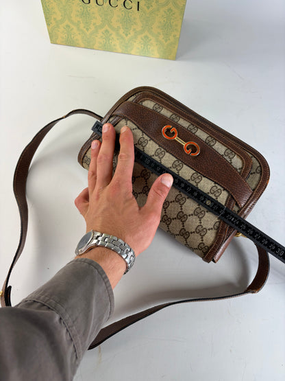 Vintage Gucci GG Monogram Horsebit Crossbody Bag Beige Brown
