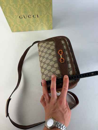 Vintage Gucci GG Monogram Horsebit Crossbody Bag Beige Brown