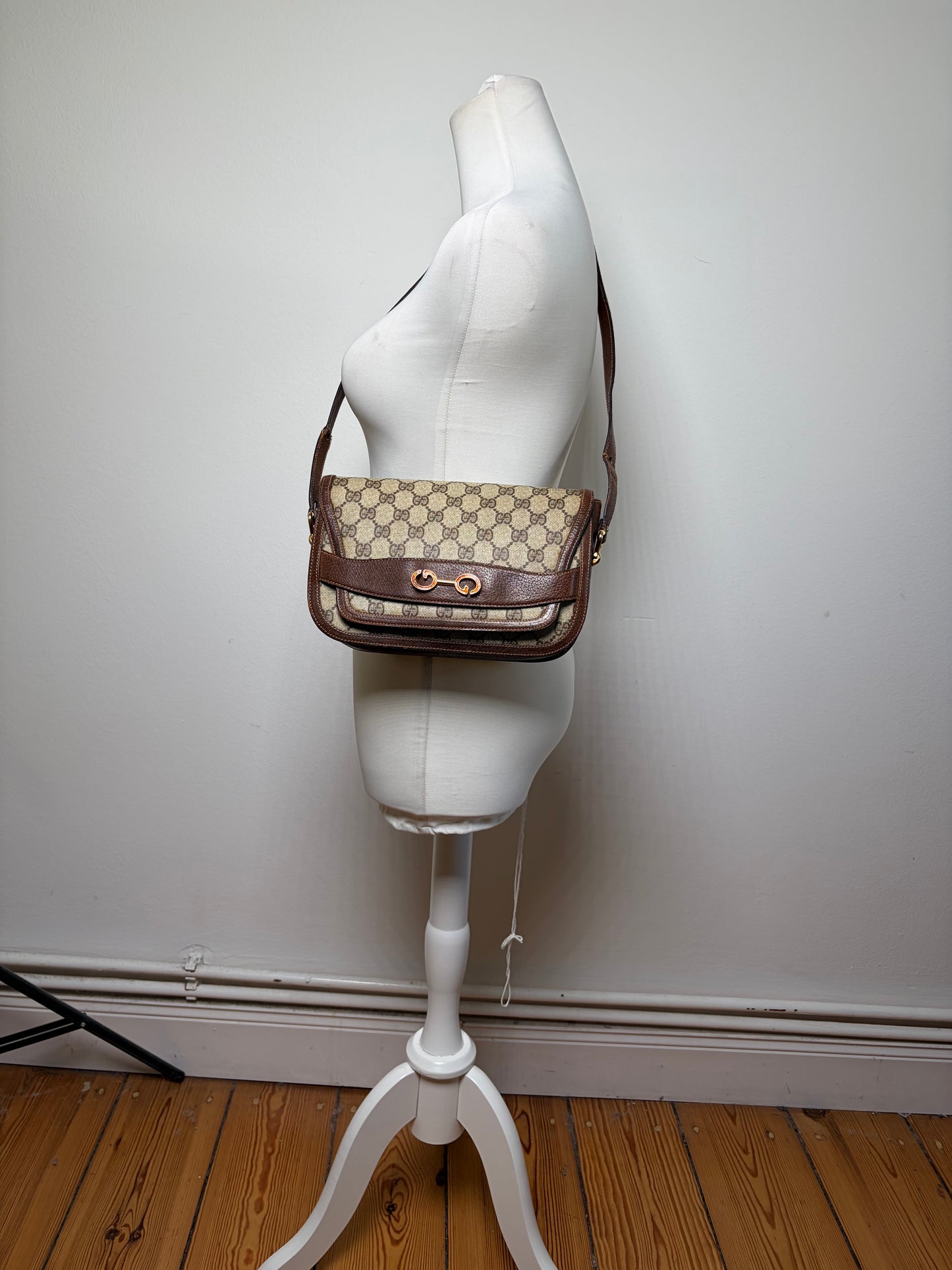 Vintage Gucci GG Monogram Horsebit Crossbody Bag Beige Brown