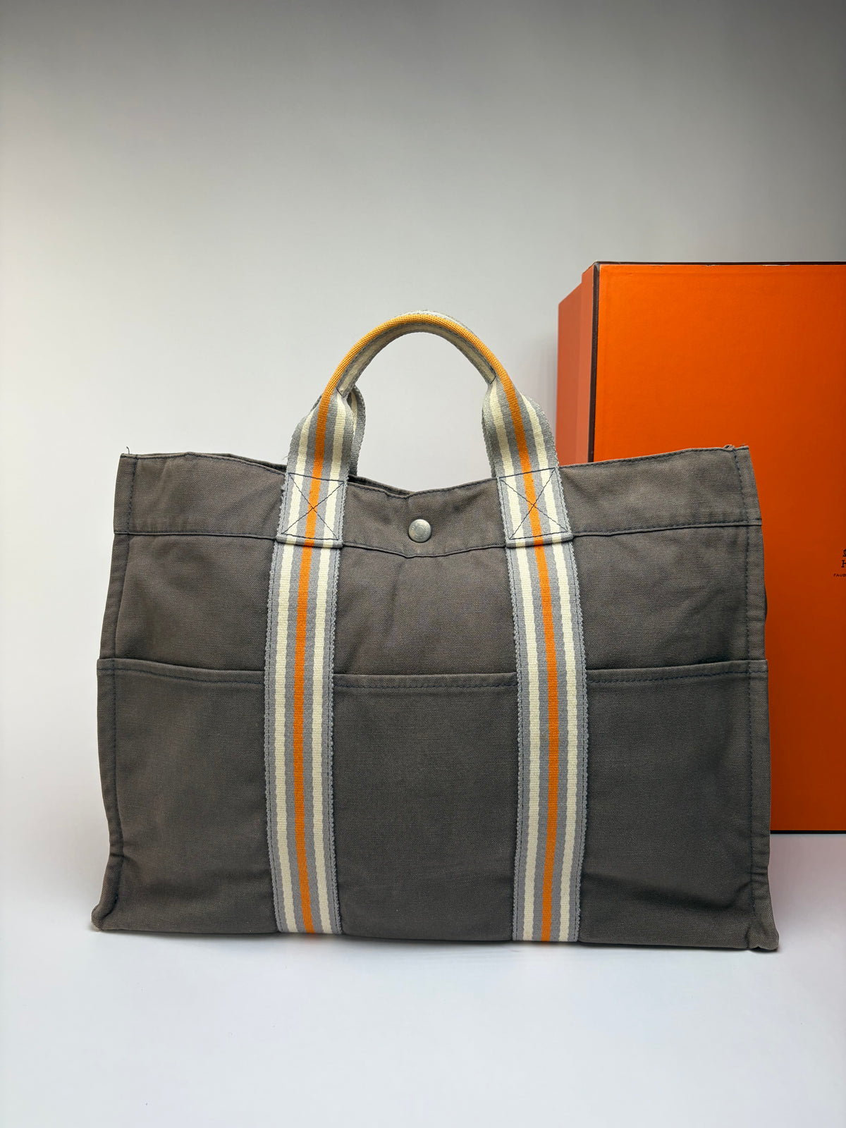 Vintage Hermès Troca Canvas Tote Late 1990s Dark Grey Orange