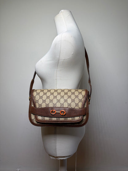 Vintage Gucci GG Monogram Horsebit Crossbody Bag Beige Brown