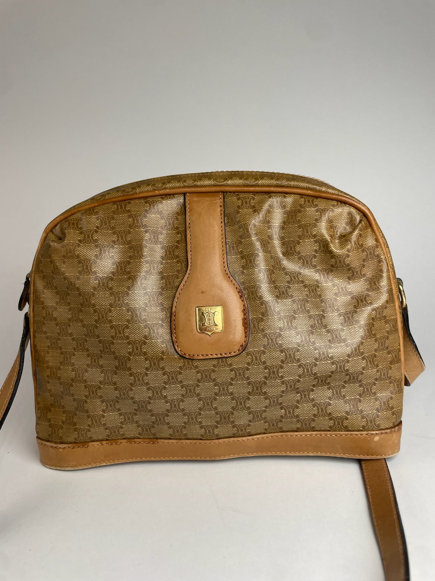 Vintage Celine Paris Triomphe Monogram Camel Leather Shoulder Bag