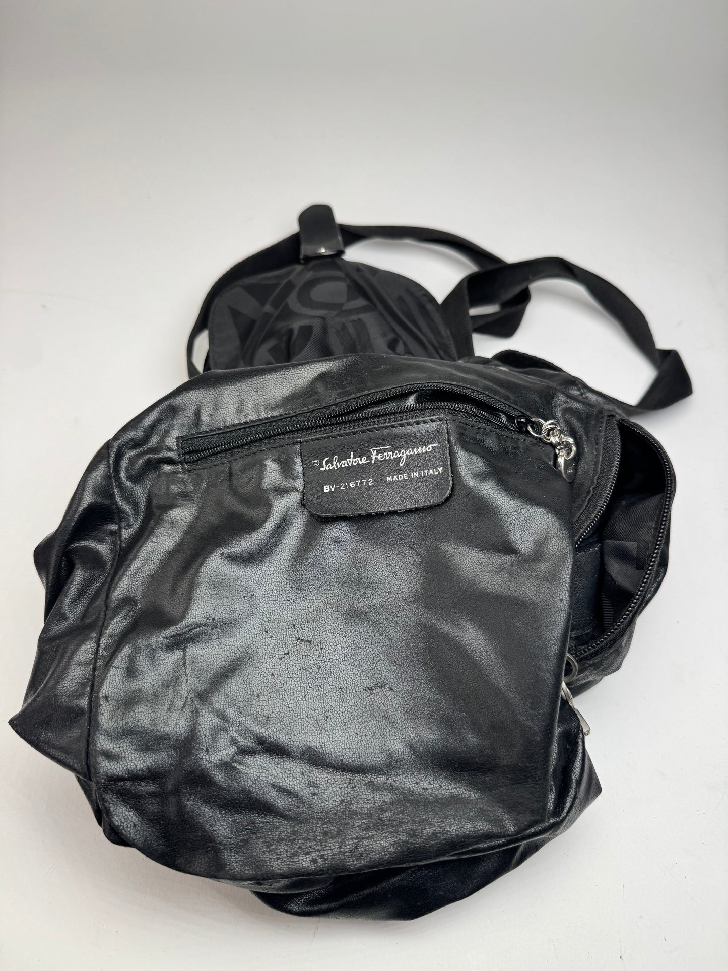 Vintage Salvatore Ferragamo Monogram Canvas Leather Backpack Black