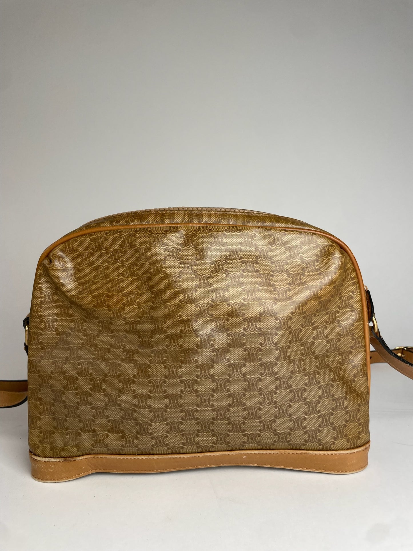 Vintage Celine Paris Triomphe Monogram Camel Leather Shoulder Bag
