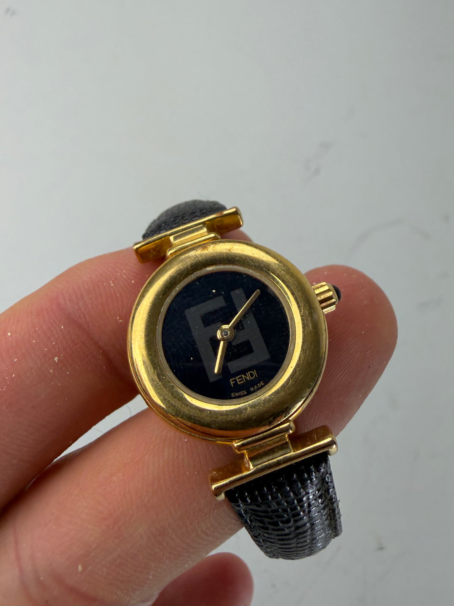 Vintage Fendi Leather Bracelet Watch Black Gold
