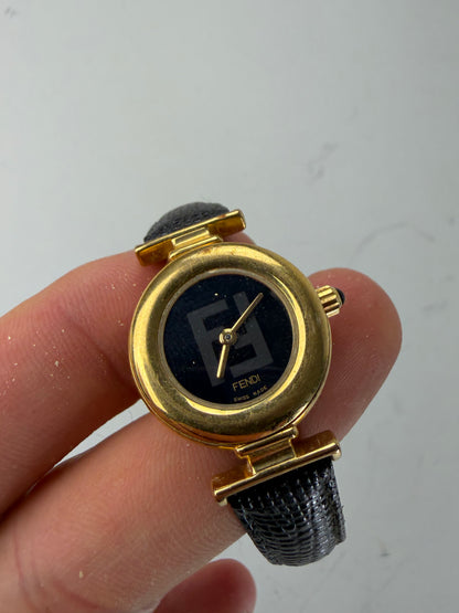 Vintage Fendi Leather Bracelet Watch Black Gold