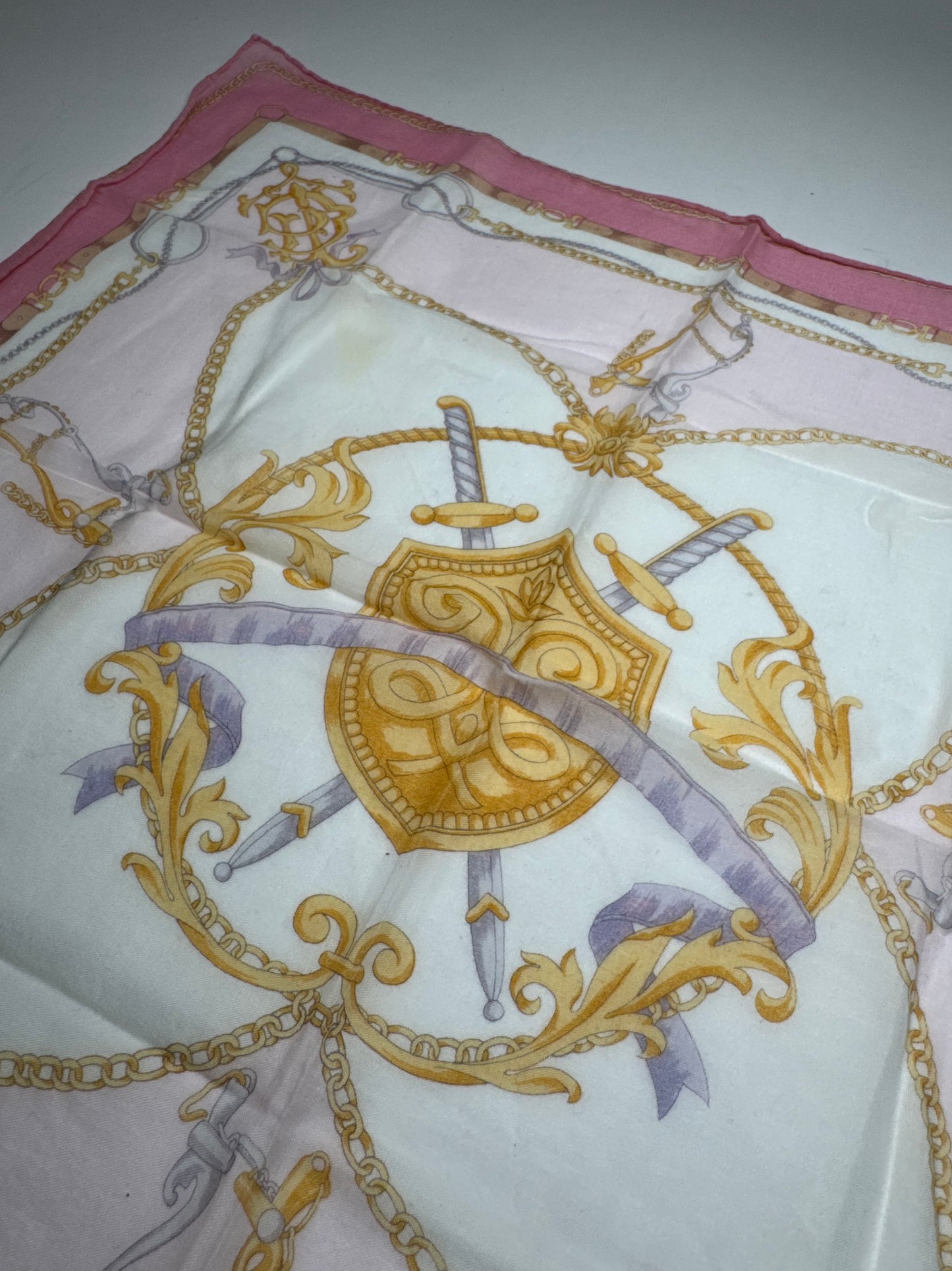 Vintage Celine Sword And Chield Scarf White Pink