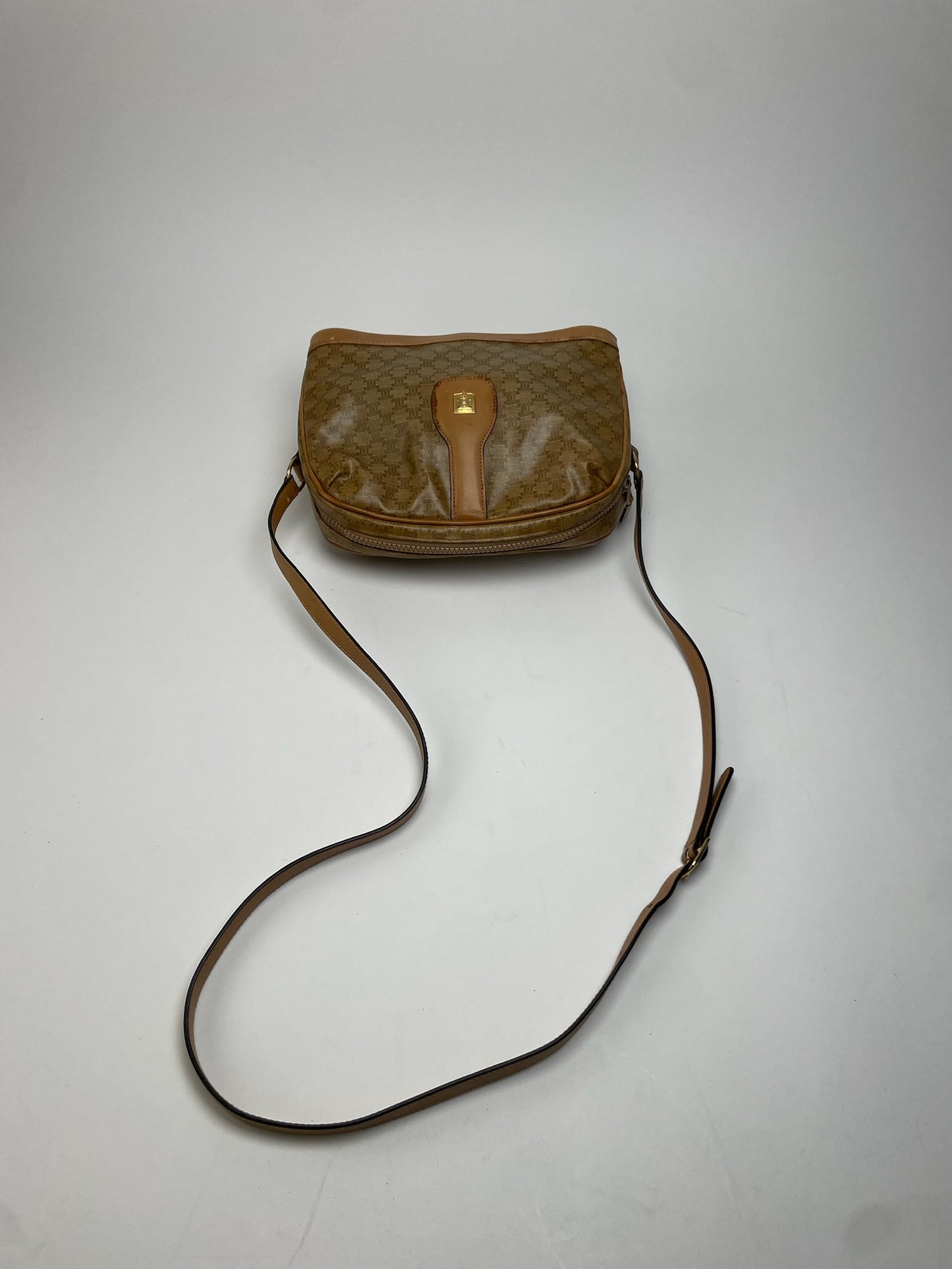 Vintage Celine Paris Triomphe Monogram Camel Leather Shoulder Bag