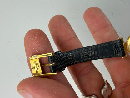 Vintage Fendi Leather Bracelet Watch Black Gold