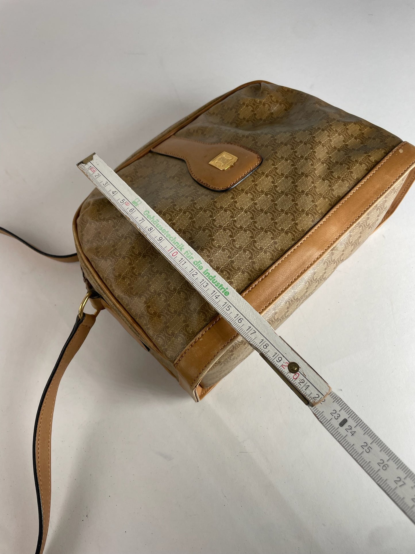 Vintage Celine Paris Triomphe Monogram Camel Leather Shoulder Bag