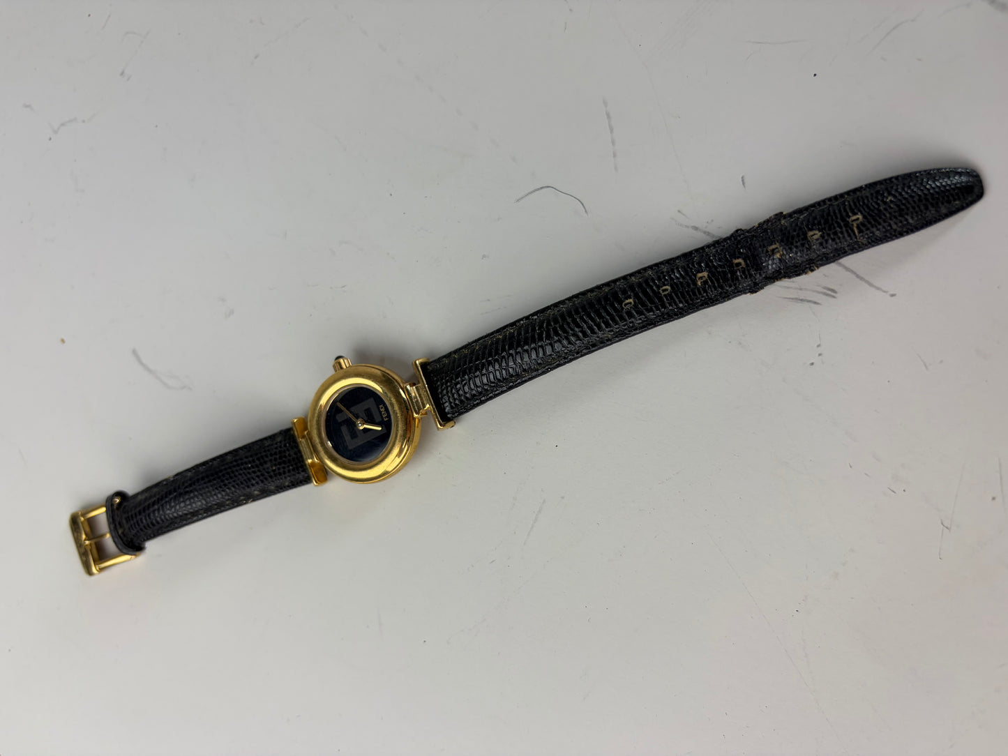 Vintage Fendi Leather Bracelet Watch Black Gold