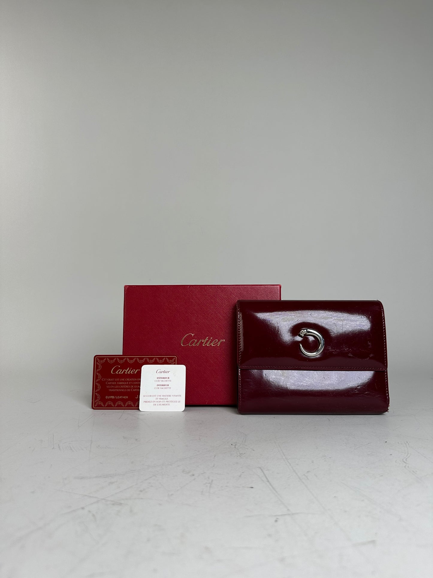 Vintage Cartier Patent Leather Wallet Burgundy Silver