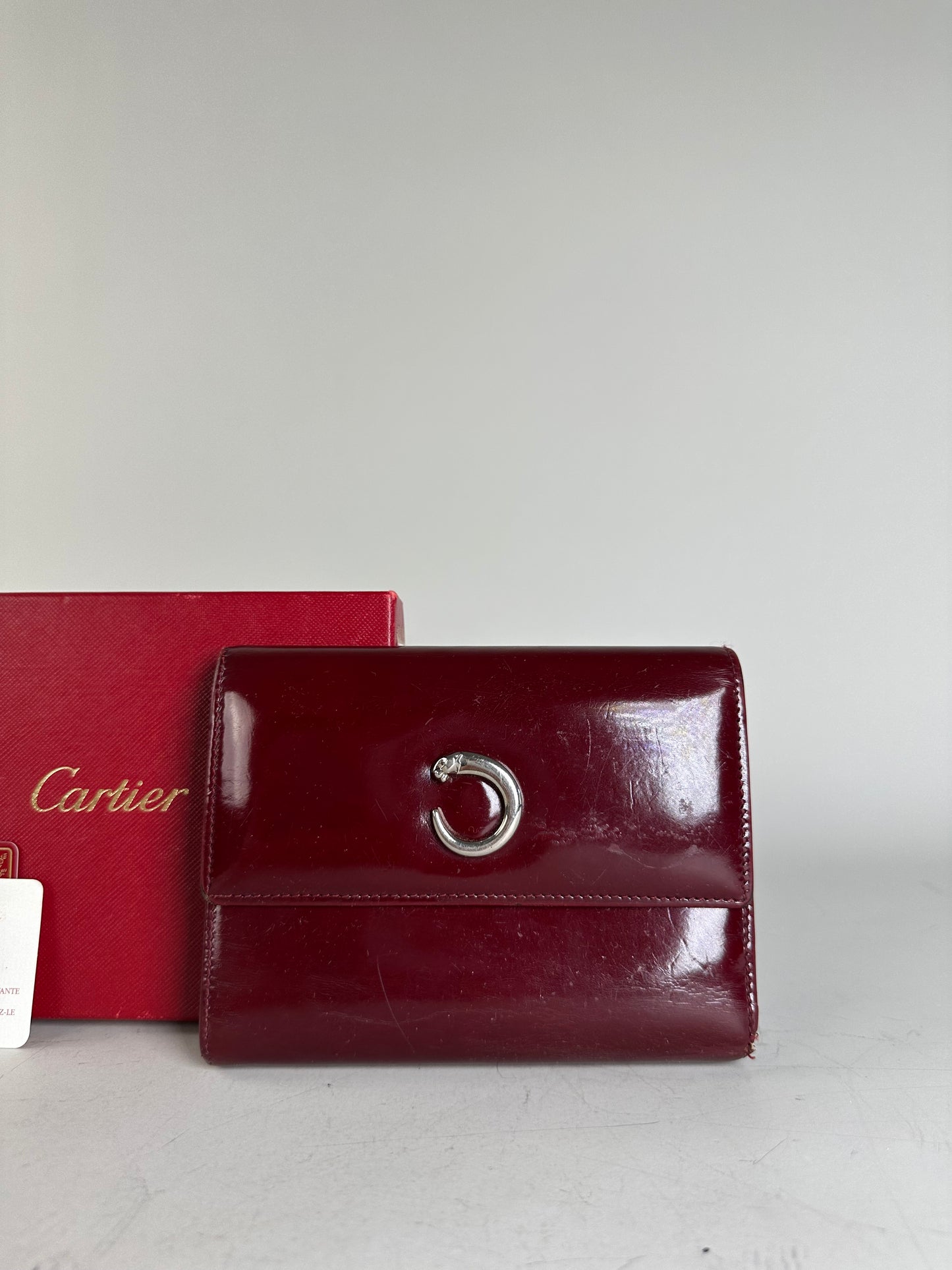 Vintage Cartier Patent Leather Wallet Burgundy Silver