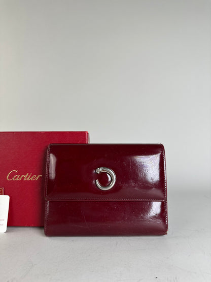 Vintage Cartier Patent Leather Wallet Burgundy Silver