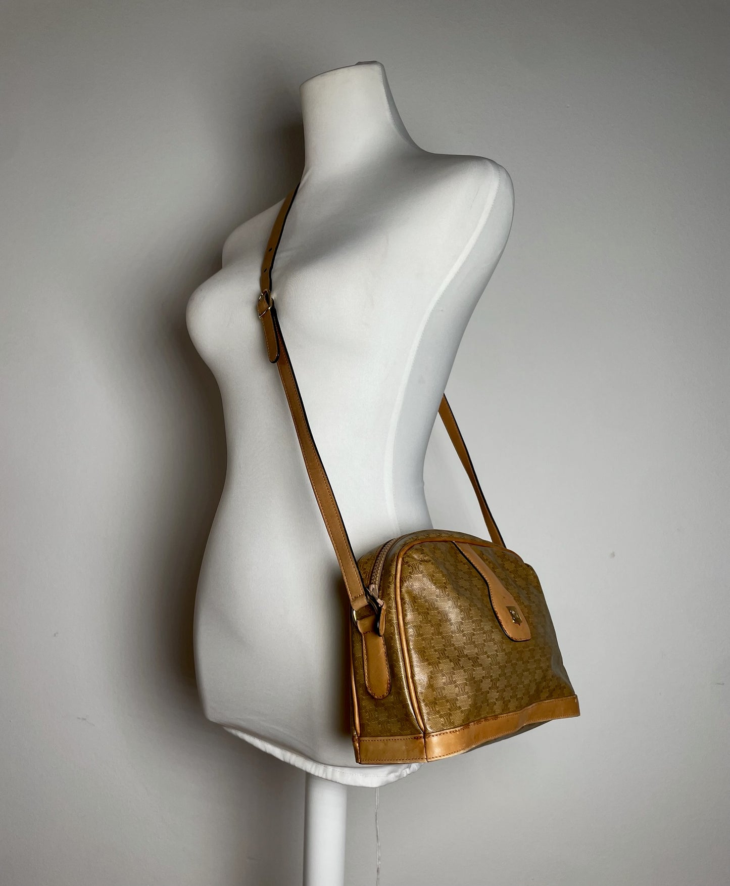 Vintage Celine Paris Triomphe Monogram Camel Leather Shoulder Bag