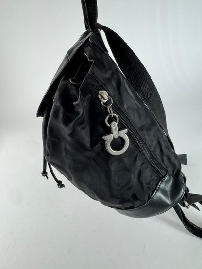 Vintage Salvatore Ferragamo Monogram Canvas Leather Backpack Black