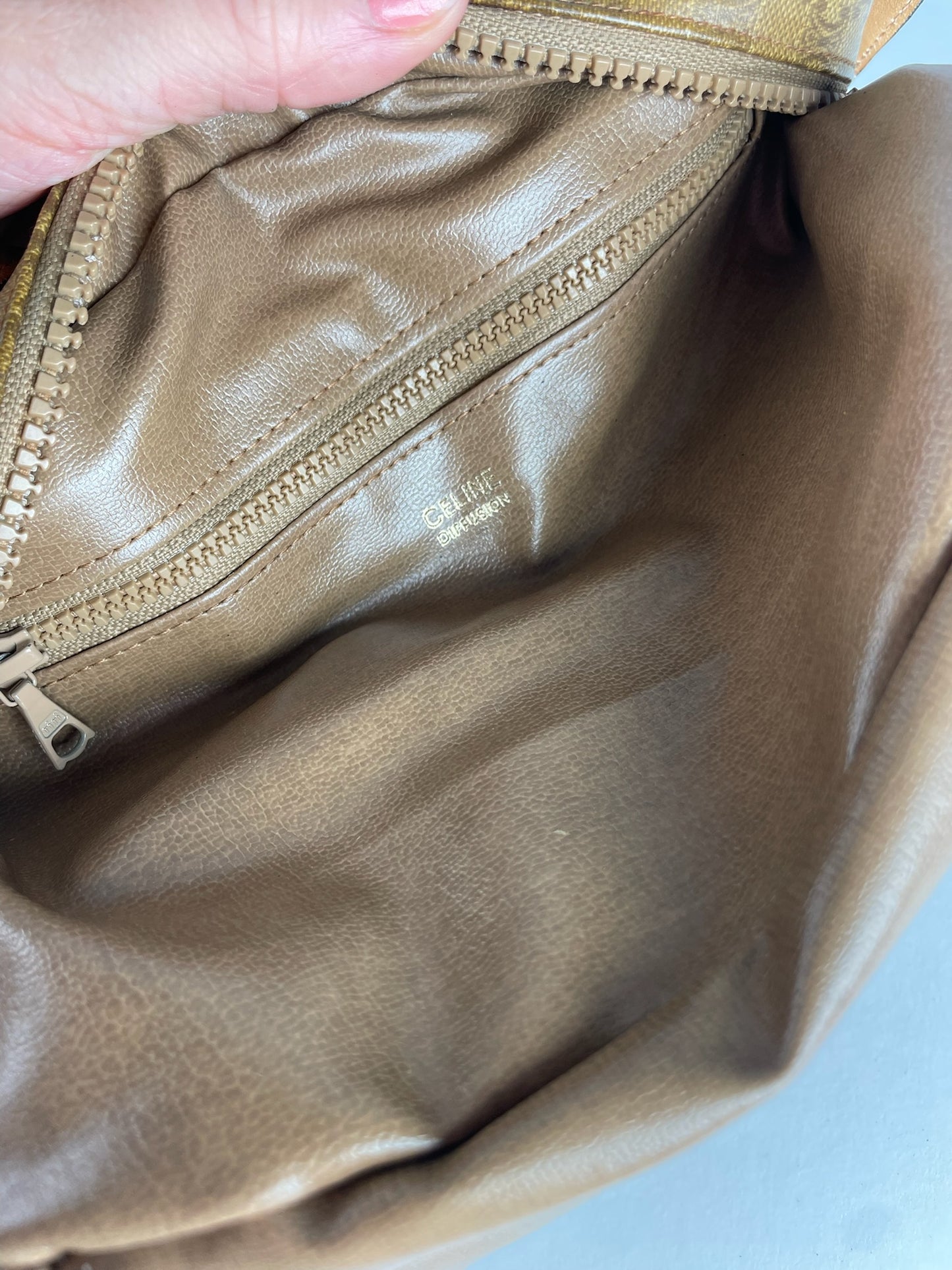 Vintage Celine Paris Triomphe Monogram Camel Leather Shoulder Bag