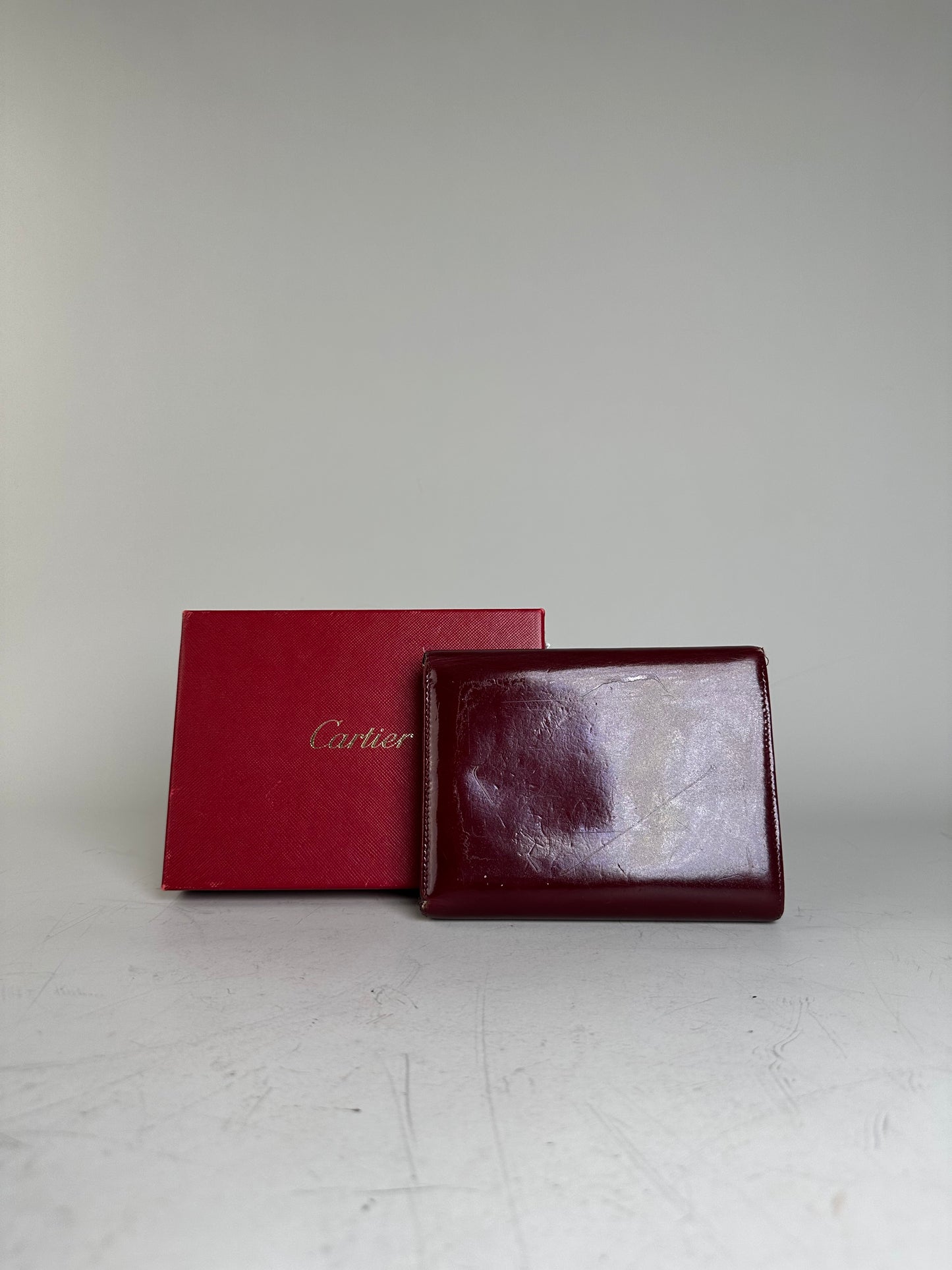 Vintage Cartier Patent Leather Wallet Burgundy Silver