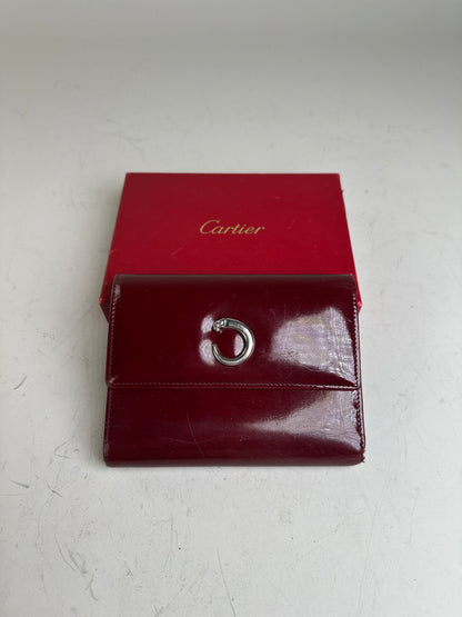 Vintage Cartier Patent Leather Wallet Burgundy Silver