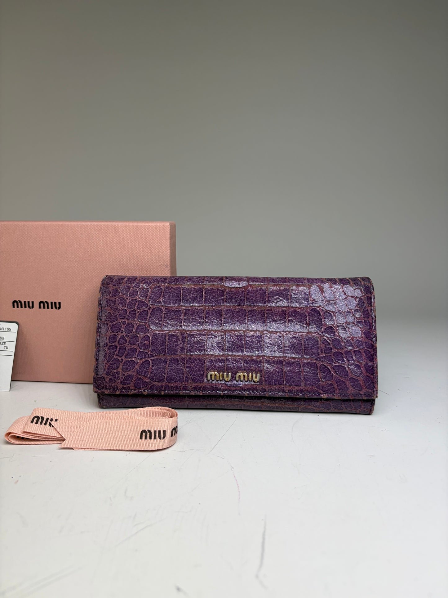 Vintage Miu Miu Crocodile-Embossed Leather Wallet Purple Gold