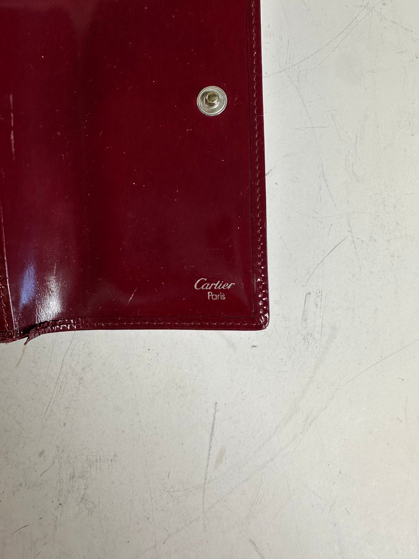 Vintage Cartier Patent Leather Wallet Burgundy Silver
