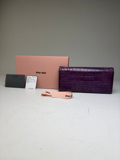 Vintage Miu Miu Crocodile-Embossed Leather Wallet Purple Gold
