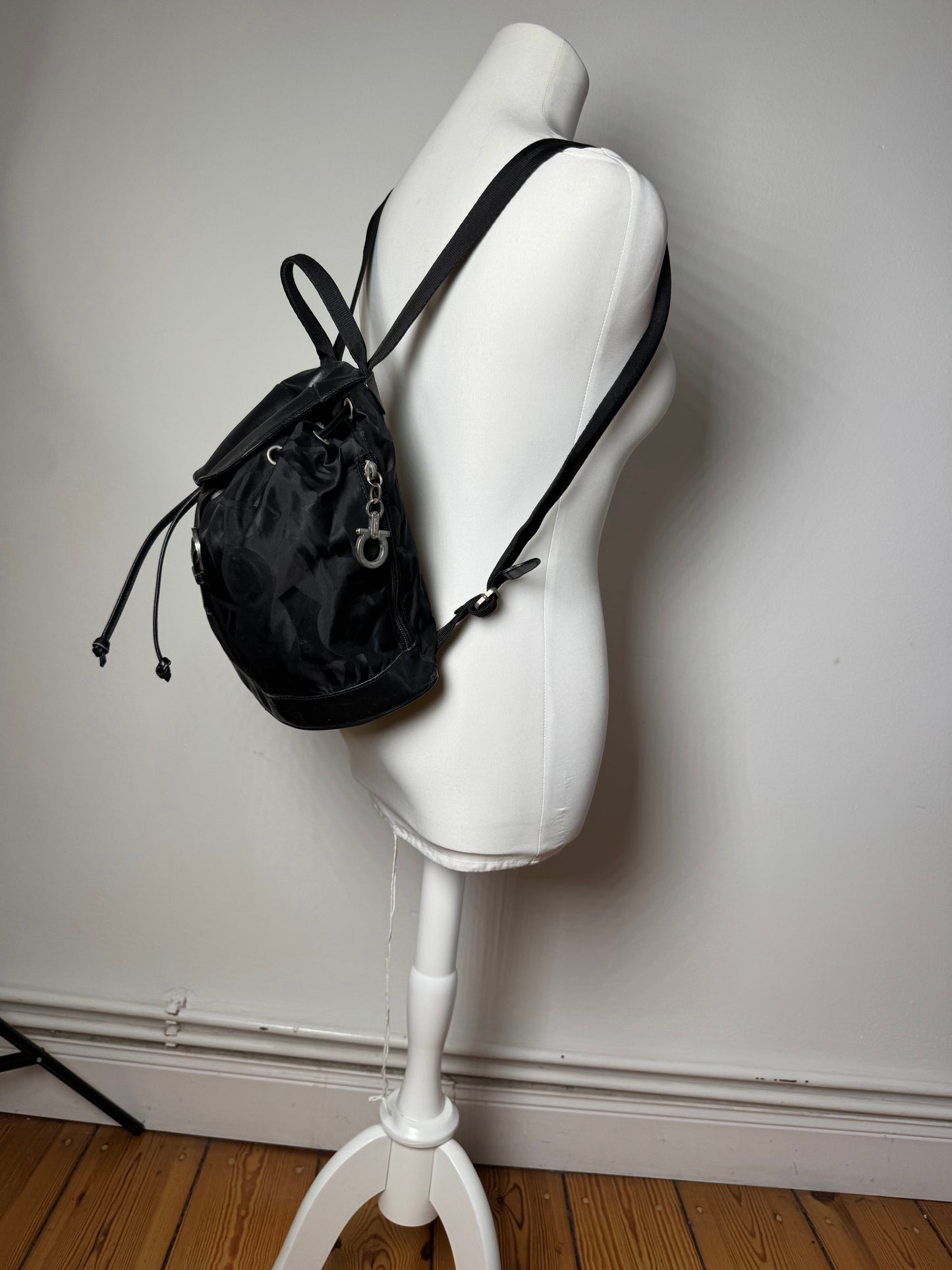 Vintage Salvatore Ferragamo Monogram Canvas Leather Backpack Black