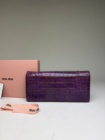 Vintage Miu Miu Crocodile-Embossed Leather Wallet Purple Gold