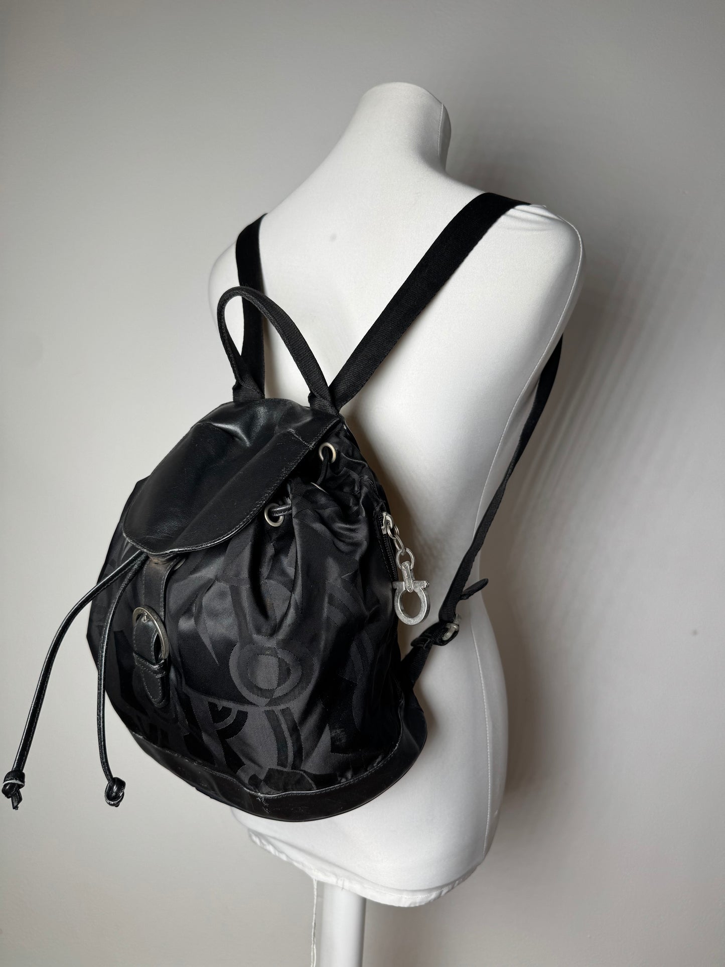 Vintage Salvatore Ferragamo Monogram Canvas Leather Backpack Black